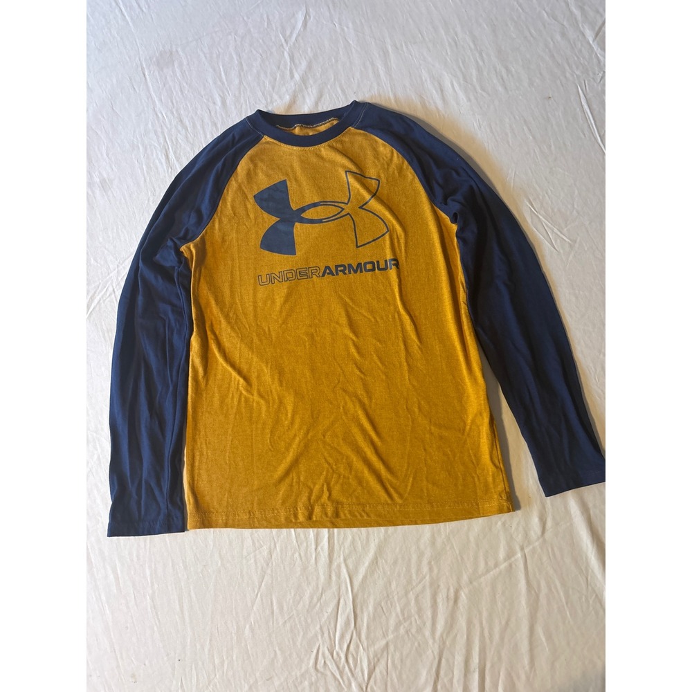 Under Armour Shirt Kids Medium‎ Yellow Blue Excellent Raglan Long Sleeve Logo